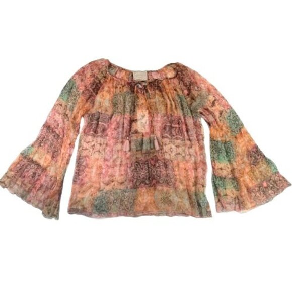 NWT $235 Johnny Was Kanarra Sheer Silk Tunic Blouse S Patchwork Floral Boho - Picture 2 of 6